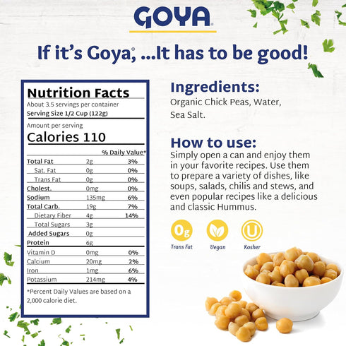 15.5 8 Count (Pack 2) Goya Organic Chick Peas Garbanzo Beans, Low Sodium with Sea Salt, Ounce
