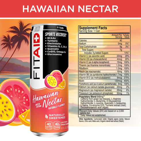 40 12 Oz (Pack 12) Packaging FITAID Post Workout Recovery Drink Hawaiian Nectar Passion Fruit Orange & Guava BCAA