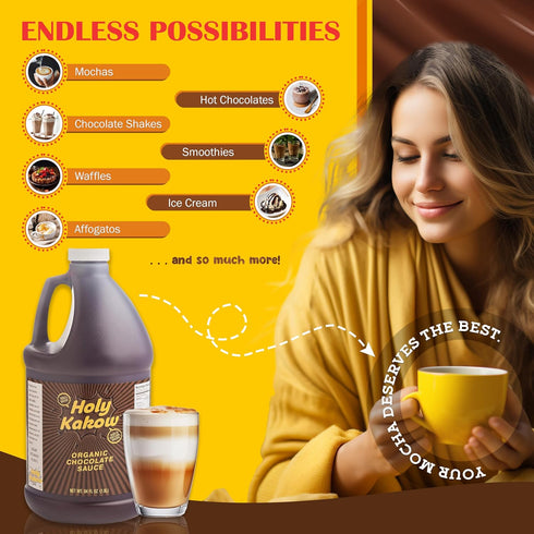 64oz Holy Kakow Organic Chocolate Syrup - Organic Chocolate Sauce, Organic, Add to Mochas, Waffles, & Ice Cream, Made