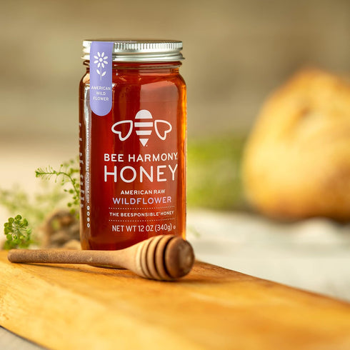 12 OZ (Pack 2 Bee Harmony American Raw Wildflower Honey, of Jars)