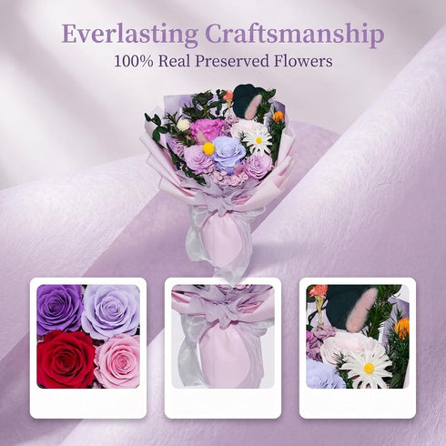 5 1-3 Preserved Flowers Bouquet Real Roses, Flowers for Delivery, Long-Lasting Mixed Purple Roses & Daisies Bouquet