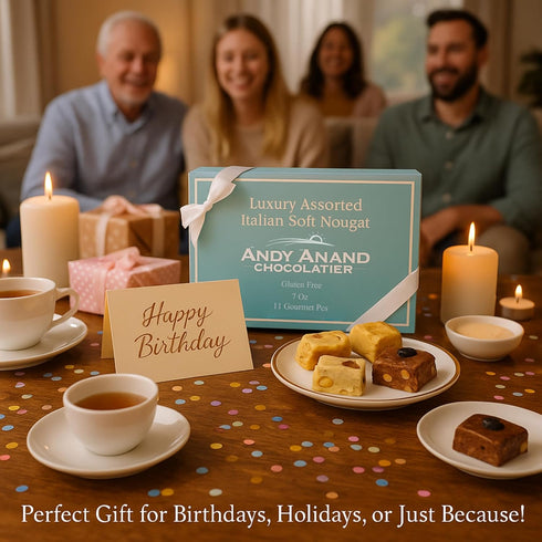 11 (7oz, Pack 1) ANDY ANAND CHOCOLATIER Italian Nougat Candy Pcs of Assorted Soft Torrone with Almonds, Pistachios
