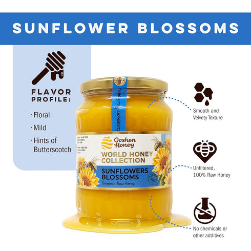 32oz Goshen World Honey Collection - Sunflower Blossoms from Ukraine - Raw, Rare and Sustainable Floral Sources