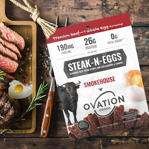 (26g 190 1.6oz (10 count) Ovation Foods Steak-N-Eggs Beef Strips, Zero Sugar, High-Protein Jerky premium protein)