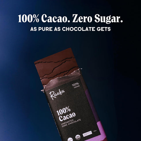 100% 1.8oz 100% 3-Pack Raaka Dark Chocolate Bars - Unsweetened, Bitter, Sugar Free, Pure Cacao - Organic, Vegan, Soy