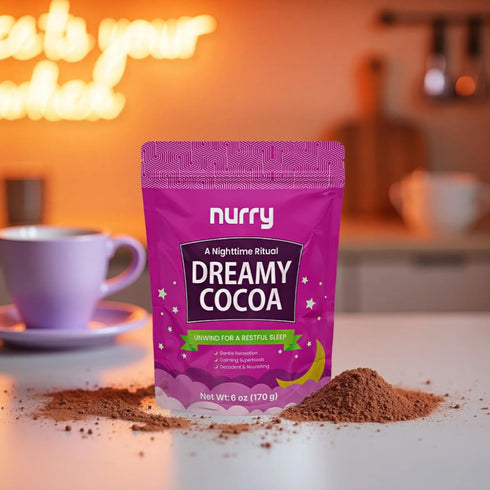 NURRY 30 6 OZ (170 Pack Nighttime Sugar-Free Hot Cocoa Mix, Calming Melatonin-Free Sleep Aid Drink, Mushroom