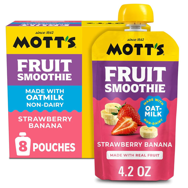 Motts Fruit Smoothies Strawberry Banana, 4.2 oz clear pouches, 8 Pack, Non-dairy,