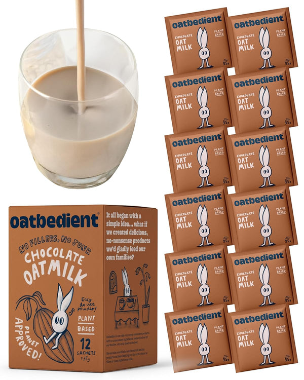 Oatbedient 10 oz Chocolate Oat Milk Powder, 12 Sachets, Non-Dairy Milk Powder,