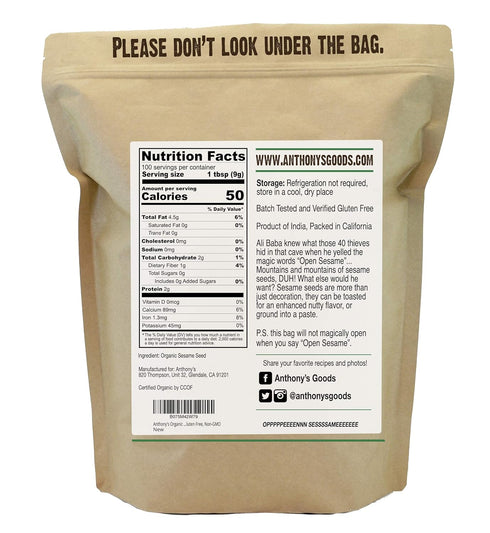 2 lb, Anthony's Organic Hulled Sesame Seeds, White, Raw, Gluten Free, Non GMO, Keto Friendly