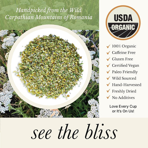 Wild Bliss Organic Yarrow Tea, Caffeine Free Loose Leaf Herbal Tea, 1.76 Ounces, 25 Servings