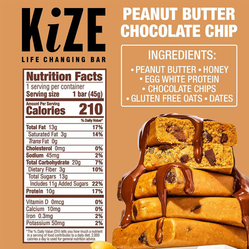 10g (10 Count) KiZE Energy Bars - Peanut Butter Chocolate Chip - Gluten Free, Dairy Free, Non-GMO, and High Protein
