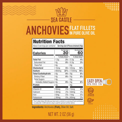 Sea Castle 2 OZ (12 Pack) Flat Fillets Anchovies In Pure Olive Oil Wild Caught Fish, Easy Open Can, Kosher