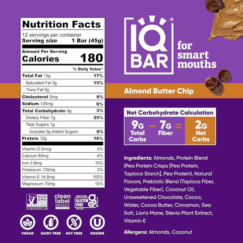 12 Count IQBAR Clean Plant Protein Bars - Almond Butter Chip and Lemon Blueberry Bundle - Keto, Vegan, High Fiber