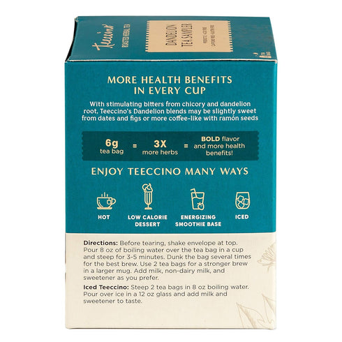 12 3x Teeccino Dandelion Tea Sampler - Tea Bags - Caramel Nut, Coconut, Dark Roast, Mocha Mint, Red Chai, Turmeric