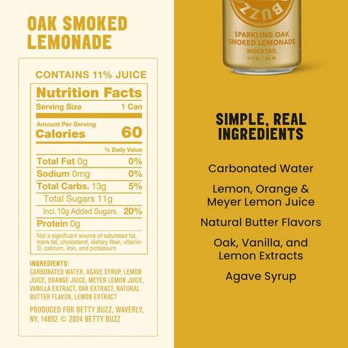 (12 pack Betty Buzz Oak Smoked Lemonade Sparkling Mocktail by Blake Lively Cans) - Natural Flavors & Sweeteners, Only
