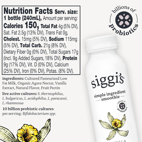 8 oz. 5 siggis Probiotic Drinkable Whole Milk Yogurt, Vanilla, Single Serving, Only Ingredients
