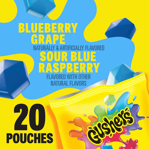 20 Pack, 16 oz Gushers Fruit Flavored Snacks, Blueberry Grape, Sour Blue Raspberry, Pouches, Family