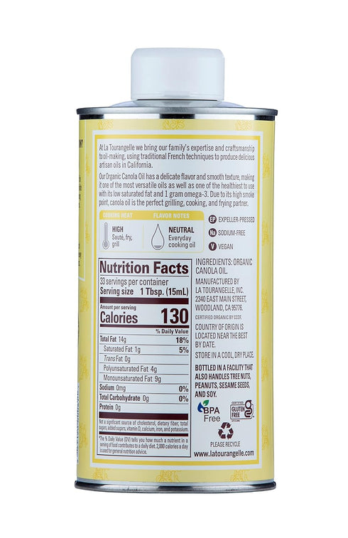 La Tourangelle, Organic Canola Oil, Expeller-Pressed Non-GMO Canola Seeds, Pesticide and Chemical Free, High Heat Neutral Cooking Oil, 16.9 fl oz