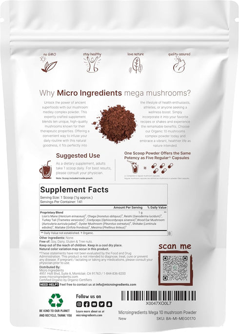 10-in-1 5 oz Micro Ingredients Organic Mushroom Blend, | Chaga, Lions Mane, Cordyceps & More | Great for Smoothies
