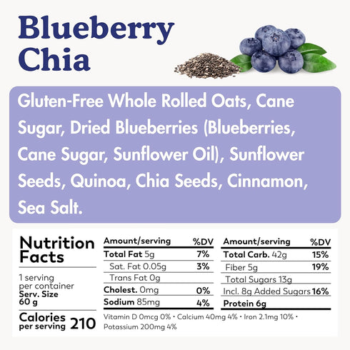6g 2.1 (6 Pack) Earnest Eats Superfood Oatmeal Cups - Blueberry Chia Plant Protein, Gluten Free, Vegan, On-the-Go