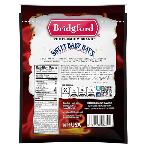 3.25 oz Pack 3 Bridgford Sweet Baby Ray's Beef Jerky Sweet N Spicy of - High Protein Sweetened Spicy Beef Jerky