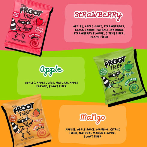 Pack, 10xStrawberry, 10xMango The FROOT Thief Real Fruit Snack Whips BIG Variety Nut Free, Individual Bags for Kids