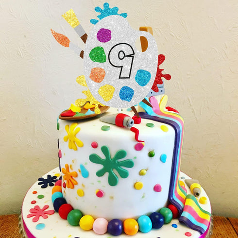 9th Slime Cake Topper - Art Themed Palette Painting Graffi Boy Girl Birthday Party Decorations Supplies for Nine Years