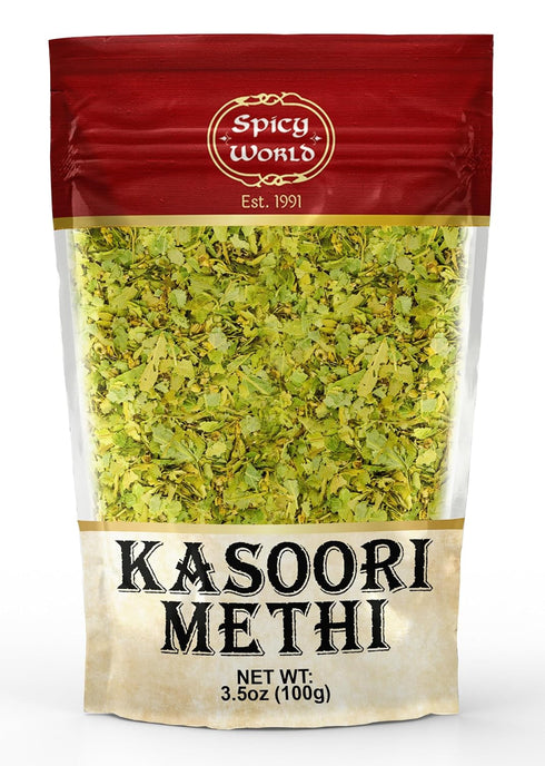 Spicy World Dried Fenugreek Leaves (Kasoori Methi) 3.5oz Box (100g) - All Natural, Vegan, Gluten Friendly, NON-GMO