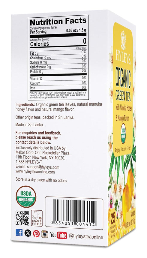 Hyleys Organic Green Tea - Manuka Honey and Mango Flavor, 25 Tea Bags