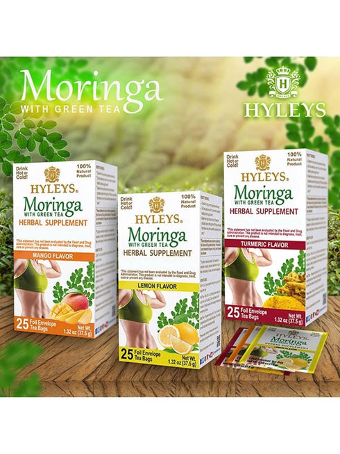 Hyleys Moringa Oleifera and Green Tea Lemon Flavor - 25 Tea Bags - Superfood Miracle Tree Tea with Dried Leaves