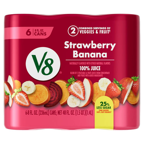 V8 100% 8 oz (24 Pack) Strawberry Banana Fruit and Vegetable Juice, fl Can
