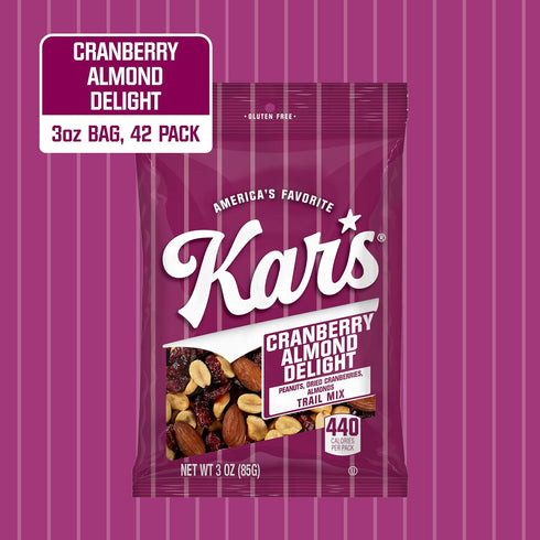 3 oz Packs (Pack 42), Kars Nuts Cranberry Almond Delight Trail Mix, Grab & Go Bags, Individual Snack of Gluten-Free