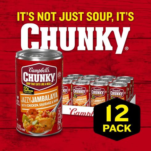 18.6 oz (Pack 12) Campbells Chunky Soup, Jazzy Jambalaya with Chicken, Sausage and Ham Soup, Can