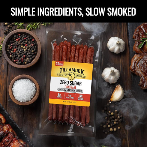 Country 16 (36 Count Tillamook Smoker Smoked Sausage, Zero Sugar, Original, Ounce Meat Sticks) Real Hardwood Smoked