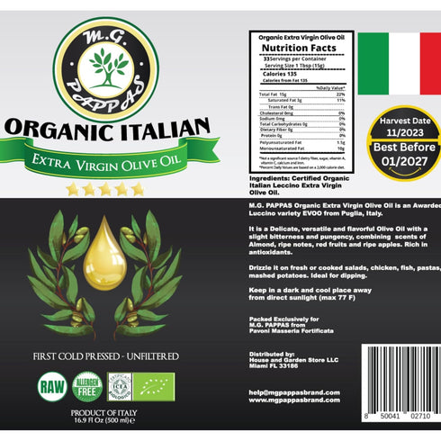 16.9 Oz (500ml) M.G. PAPPAS Italian Organic Olive Oil Extra Virgin Cold Pressed Award Winning, Unfiltered EVOO