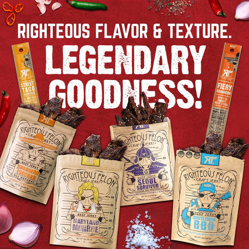 Pack Packs 6 Pack Righteous Felon Beef Jerky & Meat Sticks Variety | Gluten Free Beef Jerky Snack for Adults | High