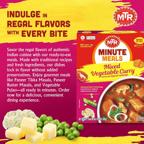 (Pack 6) MTR - Minute Meals: Flavorful Mixed Vegetable Curry - Authentic Indian Ready-to-Eat Meal with No Added