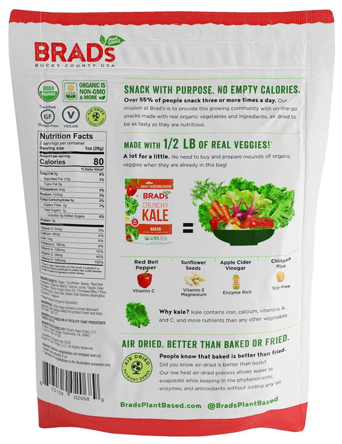 Brad's Plant Based 3 6 Organic Crunchy Kale, Nacho, Bags, Servings Total