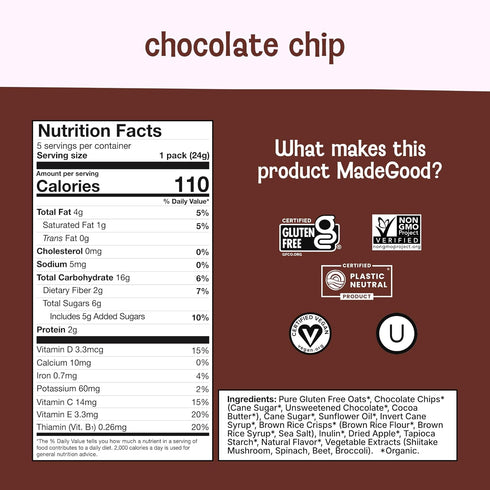 5ct 0.85oz MadeGood Organic Chocolate Chip Granola Bites, x