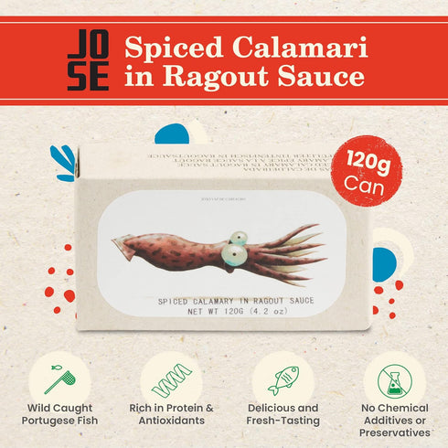 Spiced Calamari in Ragout Sauce by Jose Gourmet - Canned Wild Caught Portuguese Calamari, 125g Can