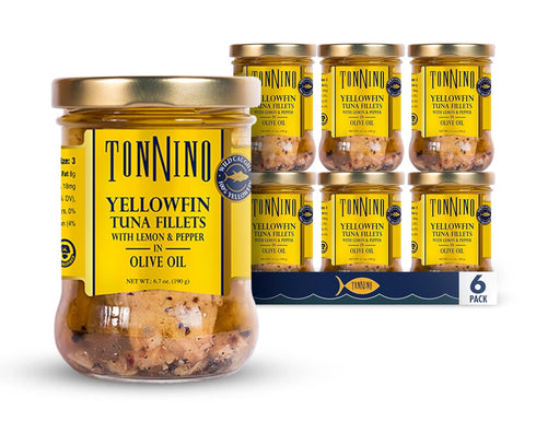 Pack 6 Tonnino Yellowfin Tuna Fish Lemon Pepper in Olive Oil of Alternative to Salmon Protein Snacks Ready to Eat Meals