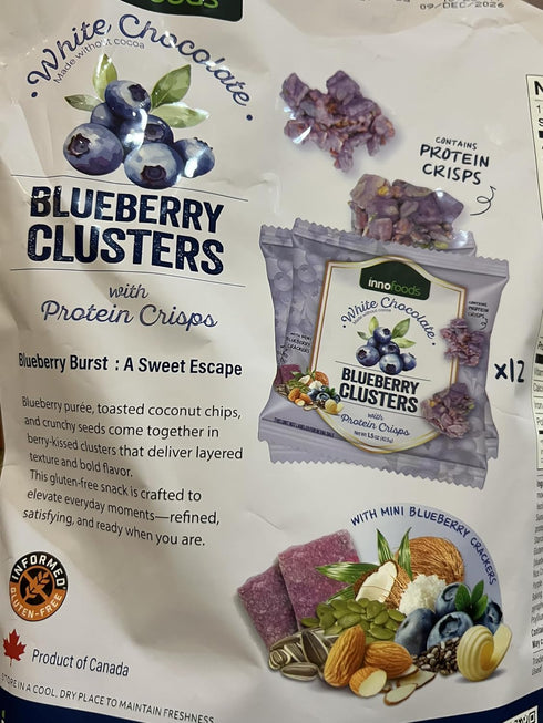 Generic 12 18oz White Chocolate Blueberry Clusters with Protein Crisps pouches NET WT