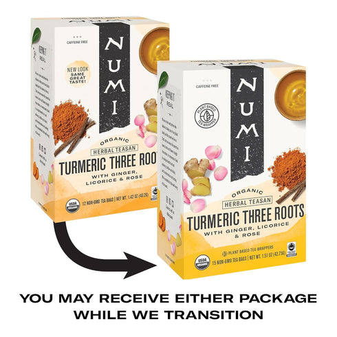 45 Numi Organic Three Roots Turmeric Tea, Turmeric Tea Bags With Ginger, Licorice, Rose, Caffeine Free
