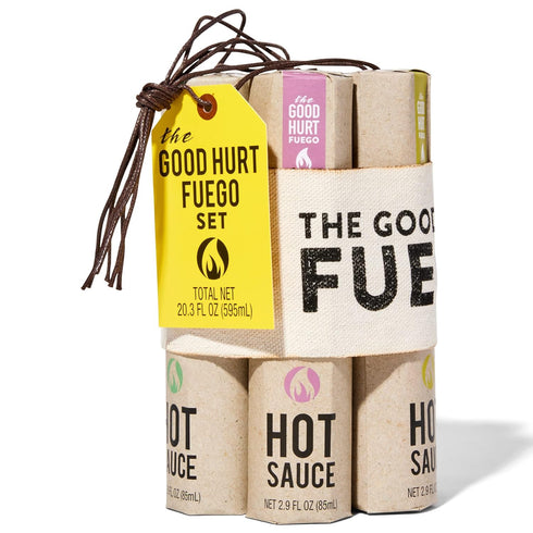 Set Packaging, Pack, Set 7 The Good Hurt Fuego, Hot Sauce Sampler Gift in Original Flavors Includes Habanero, Ghost