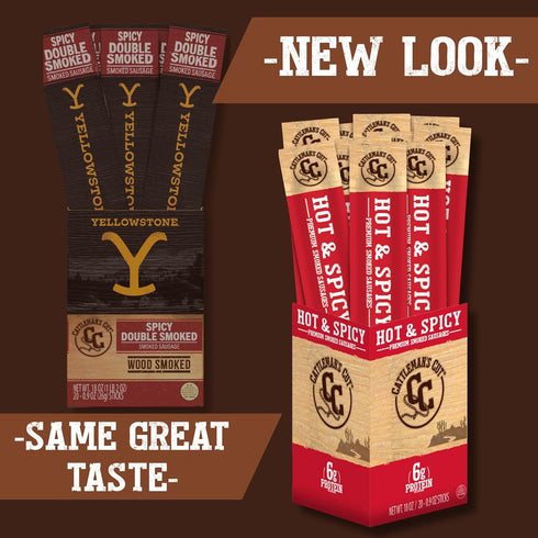 0.9 Pack 20 Cattleman's Cut Hot & Spicy Smoked Sausages Meat Sticks, Premium Bulk Protein Snacks, Keto Friendly, Gluten