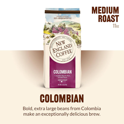 11oz (Pack 1) New England Coffee Colombian Medium Roast Ground Coffee, Bag
