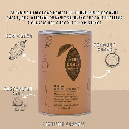 NIB + NOBLE 200g Organic Drinking Chocolate Powder - Dairy-Free Hot Cocoa with Coconut Milk - Vegan, Gluten-Free Fair