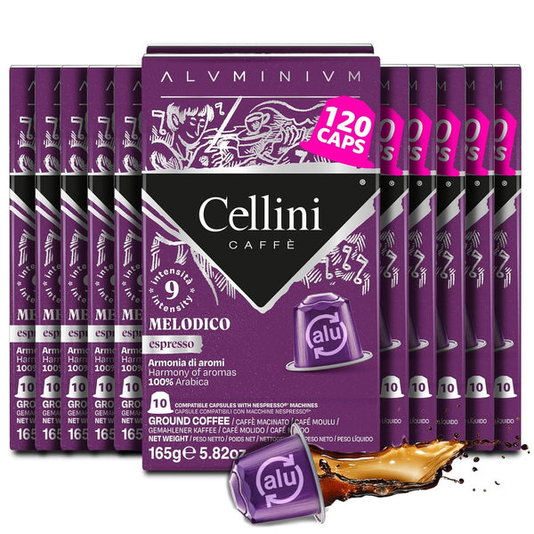 Cellini Caff Melodico Aluminum Nespresso Pods, 120 Count, Dark Roast Coffee Capsules,