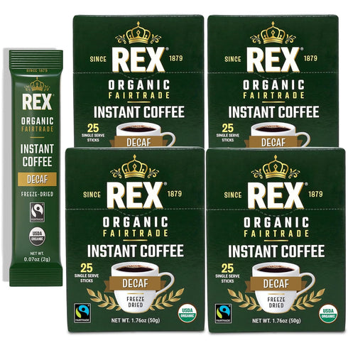 Rex Coffee Organic Fairtrade Natural Decaf Freeze-Dried Instant Sticks Naturally Decaffeinated Arabica,