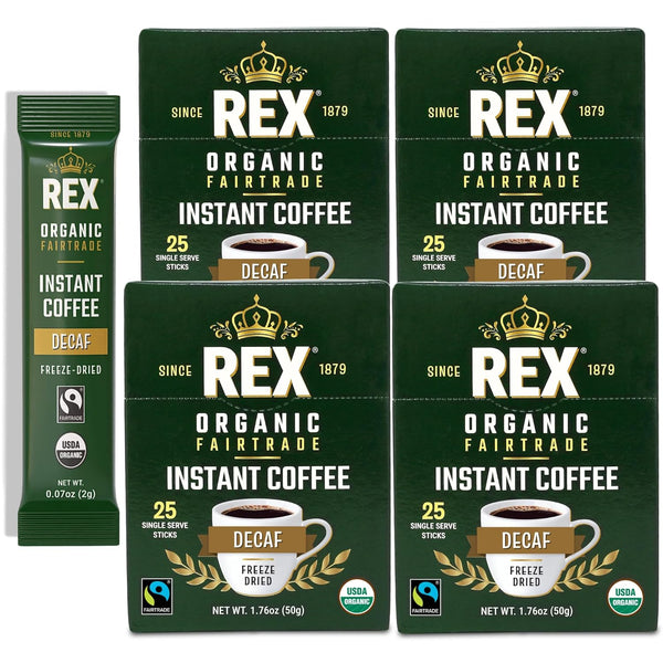 Rex Coffee Organic Fairtrade Natural Decaf Freeze-Dried Instant Sticks Naturally Decaffeinated Arabica,